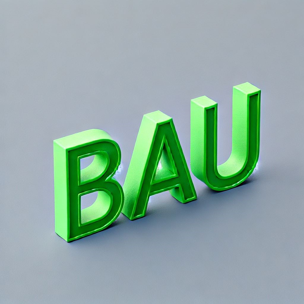 Auf dem Bild, mit schlichtem grauen Hintergrund, steht das Wort BAU in großen grünen Buchstaben