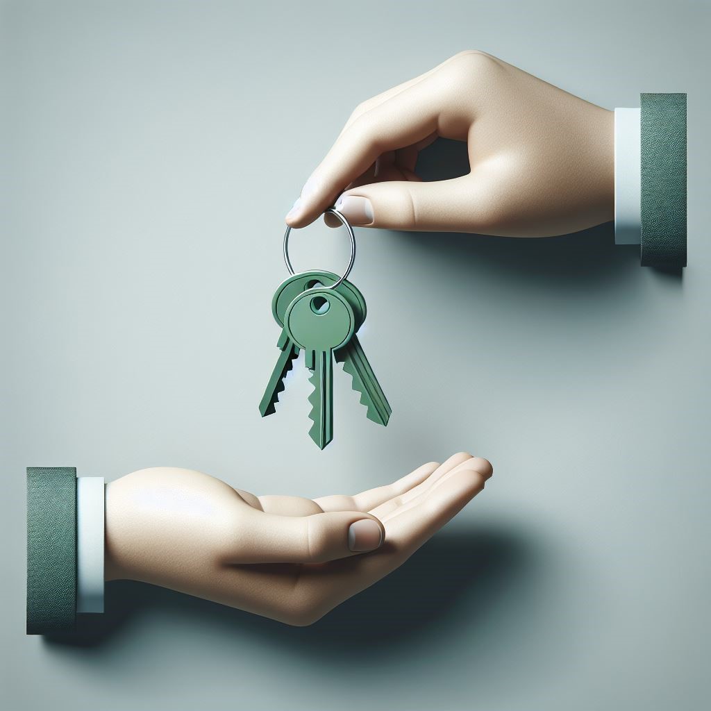 Bild aud dem die Übergabe eines grünen Schlüsselbundes von einer Hand in eine andere Hand dargestellt wird